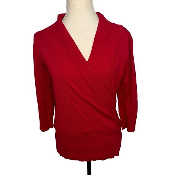 AB studio solid red v neck half sleeve sweater blouse stretchy light weight M - Picture 9 of 10